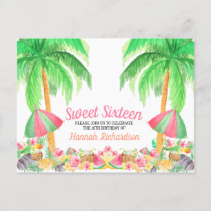 Postal De Invitación Cumpleaños de Sweet 16 con tema hawaiano acuarela