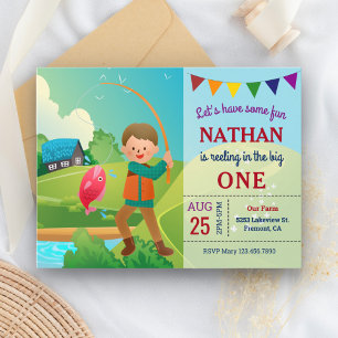 Postal De Invitación Cumpleaños de tema de pesca The Big One para niños