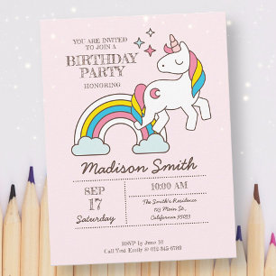 Postal De Invitación Cumpleaños de Unicornio de Arcoíris y Destellos Li