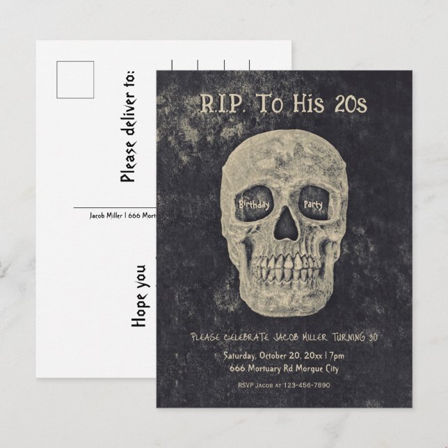 Postal De Invitación Cumpleaños del cráneo gótico beige gris a sus 20 a (Anverso / Reverso)