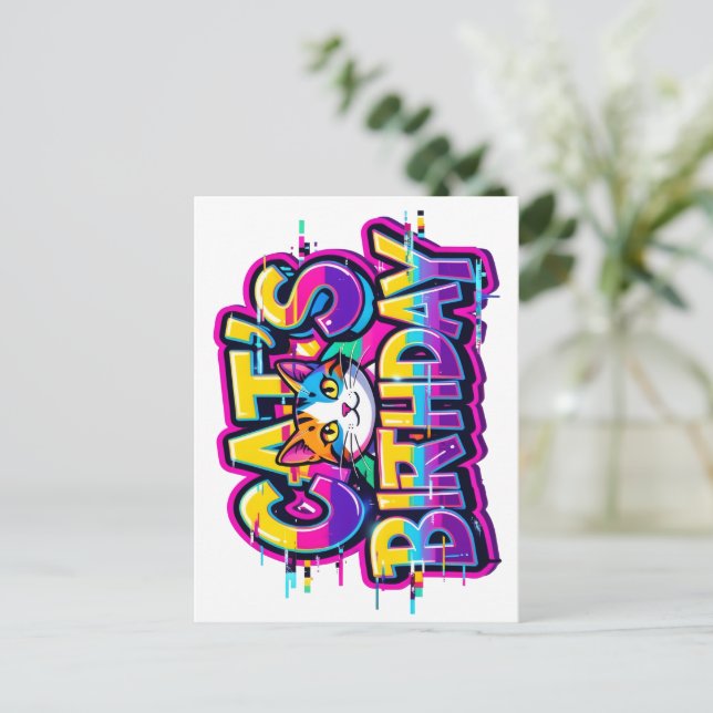 Postal De Invitación Cumpleaños del Gato Efecto Arcoíris Glitch (Anverso de pie)
