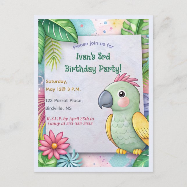 Postal De Invitación Cumpleaños del loro tropical editable (Anverso)