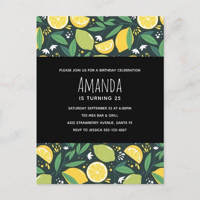 Postal De Invitación Cumpleaños del patrón de limón amarillo y fruta de (Anverso)