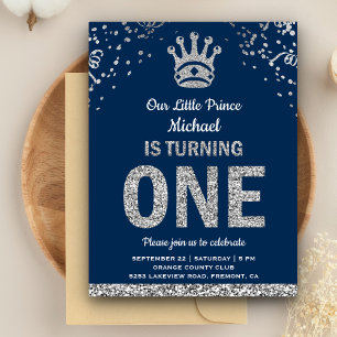 Postal De Invitación Cumpleaños del Príncipe Real Azul Marino Plateado