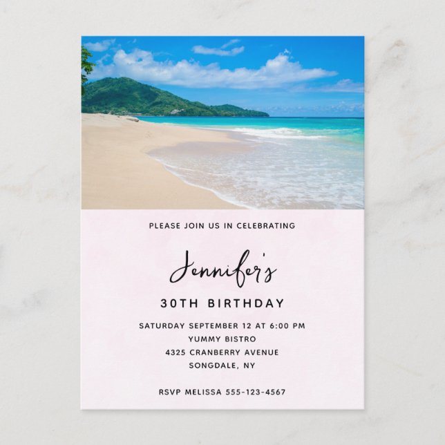 Postal De Invitación Cumpleaños en playa escénica de destino tropical (Anverso)