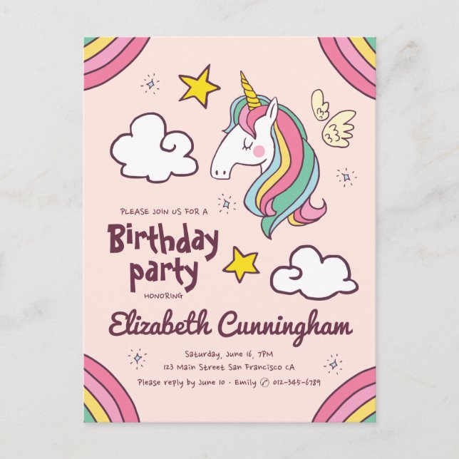 Postal De Invitación Cumpleaños Estrellas Unicornio Arcoíris Bonito (Anverso)