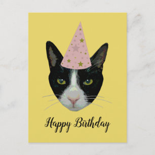 Postal De Invitación Cumpleaños feliz - Gato de Tuxedo con Gorra Fiesta