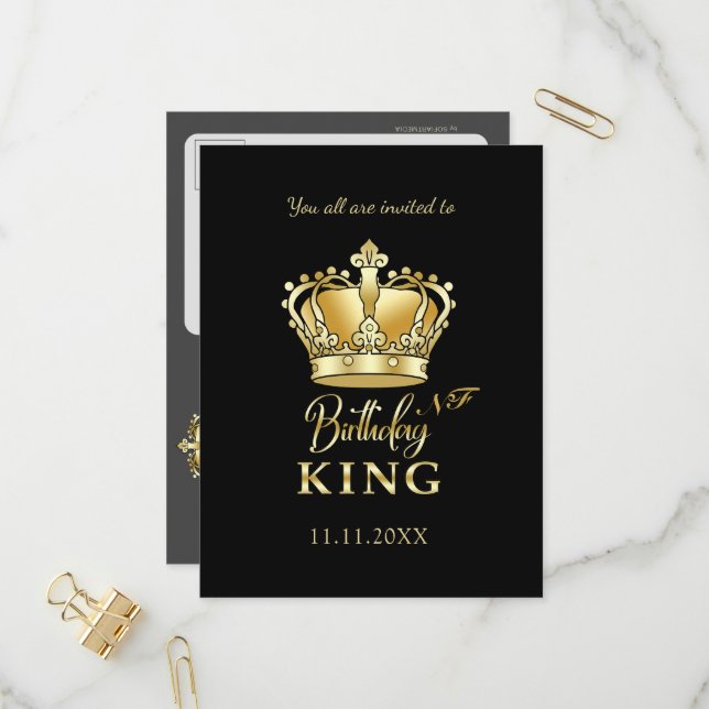 Postal De Invitación Cumpleaños King Gold Crown Royal Monogram Luxury (Anverso/Reverso In Situ)