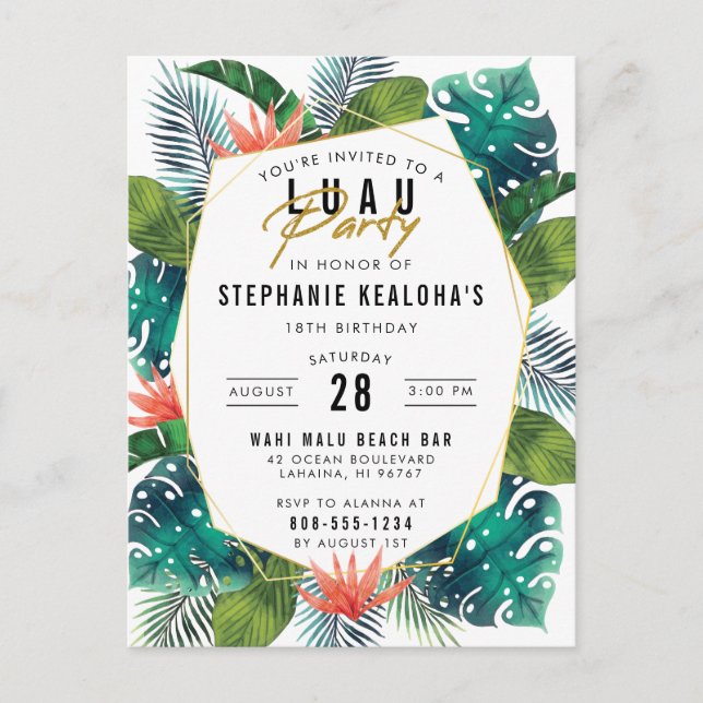 Postal De Invitación Cumpleaños Luau Tropical Palm Leaves & Monstera (Anverso)