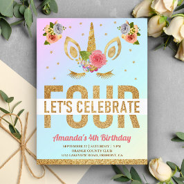 Postal De Invitación Cumpleaños Mágico Unicornio de Purpurina Dorada 4