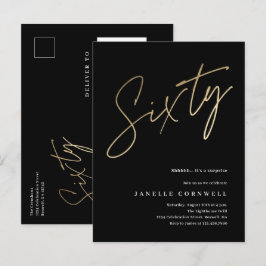 Postal De Invitación Cumpleaños moderno 60 elegante negro y dorado scri