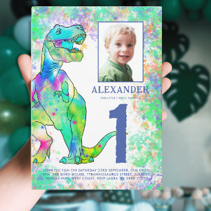 Postal De Invitación Cumpleaños número 1 del dinosaurio colorido