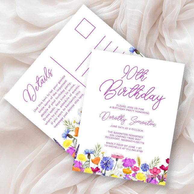 Postal De Invitación Cumpleaños número 90 Flores silvestres moradas Eco (Subido por el creador)