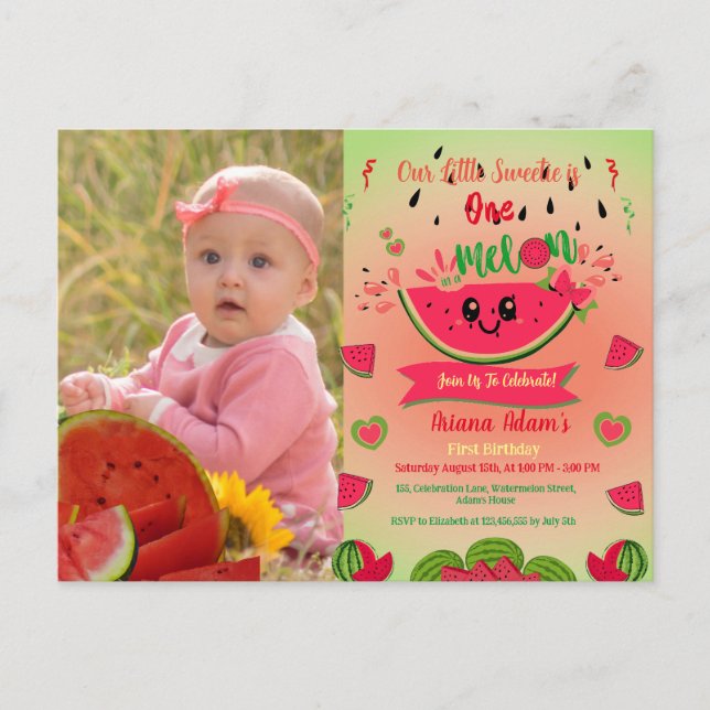 Postal De Invitación Cumpleaños número uno de sandía uno en un melón Fo (Anverso)