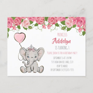 Postal De Invitación Cumpleaños Princesa Elefante Niño 1er Cumpleaños F