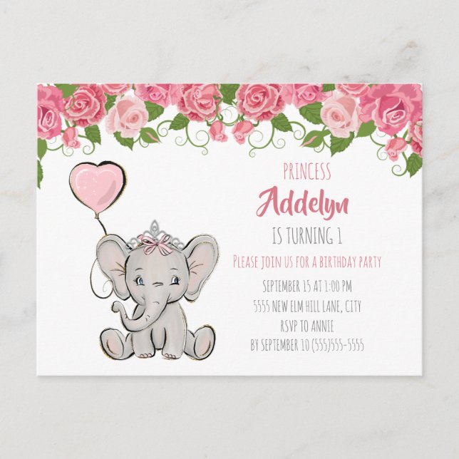 Postal De Invitación Cumpleaños Princesa Elefante Niño 1er Cumpleaños F (Anverso)