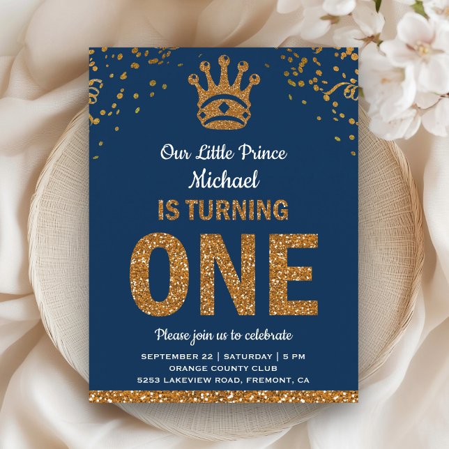 Postal De Invitación Cumpleaños Principe Real Azul Dorado Primero (Subido por el creador)
