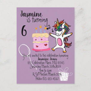 Postal De Invitación Cumpleaños púrpura de Cute Unicorn