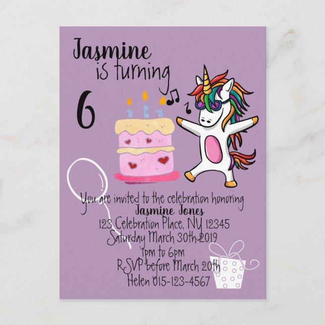 Postal De Invitación Cumpleaños púrpura de Cute Unicorn (Anverso)