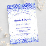 Postal De Invitación Cumpleaños real azul blanco elegante<br><div class="desc">Para una elegante fiesta de cumpleaños número 18 (o cualquier edad). Un fondo blanco moda. Decorado con chispas de imitación azul real,  confetti. Personalice y agregue un nombre y detalles del fiesta. El nombre se escribe con un guión de estilo con letras a mano</div>