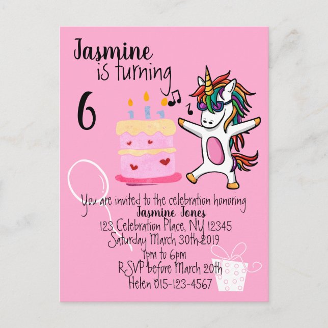 Postal De Invitación Cumpleaños Rosa Cute Unicorn (Anverso)