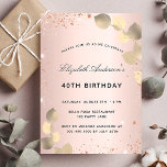 Postal De Invitación Cumpleaños rosa oro rubor eucalipto dorado<br><div class="desc">Un fondo de degradado de oro rosa y ruidoso decorado con eucaliptos dorados y purpurinas falsos,  chispas. Personalizar y un nombre y detalles del fiesta. Letras de color negro.</div>