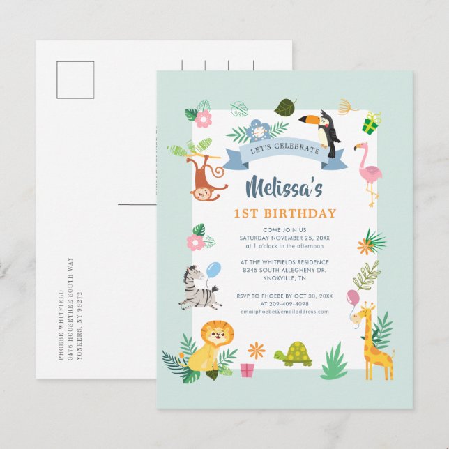 Postal De Invitación Cumpleaños salvaje número uno con temática de anim (Anverso / Reverso)