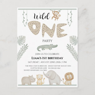 Postal De Invitación Cumpleaños Salvaje Uno Safari de Animales en la Ju