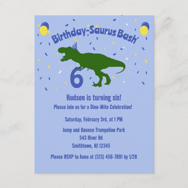 Postal De Invitación "Cumpleaños-saurus" Fiesta de cumpleaños infantil  (Anverso)