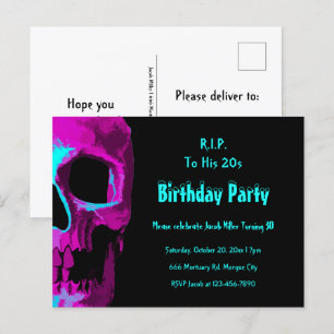 Postal De Invitación Cumpleaños Verde azulado morado de cráneo gótico Q