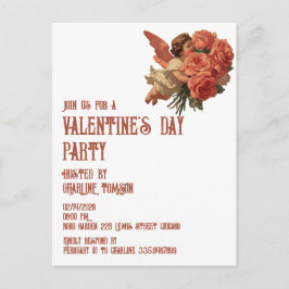 Postal De Invitación Cupido Antiguo con Ramo de Rosas