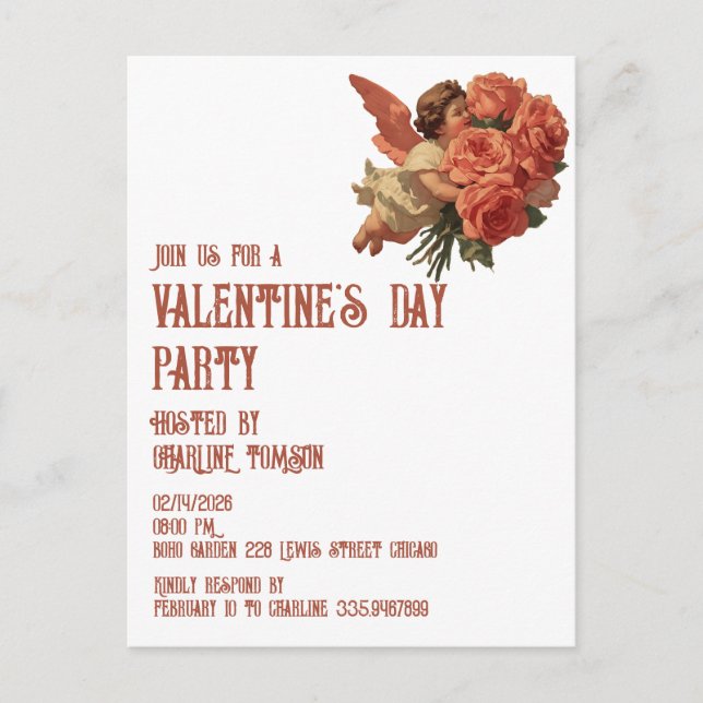 Postal De Invitación Cupido Antiguo con Ramo de Rosas (Anverso)