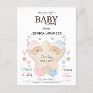 Postal De Invitación Curte Sleeping Teddy Bear Twins Invitat Baby Showe