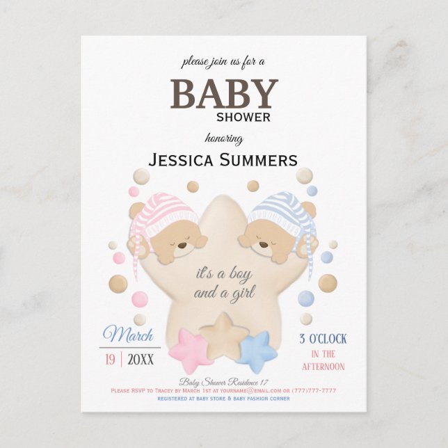 Postal De Invitación Curte Sleeping Teddy Bear Twins Invitat Baby Showe (Anverso)