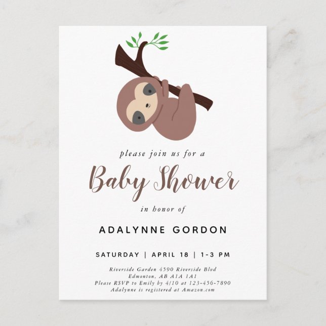 Postal De Invitación Curte Sloth Baby Shower Boy Adorable Animal Invita (Anverso)