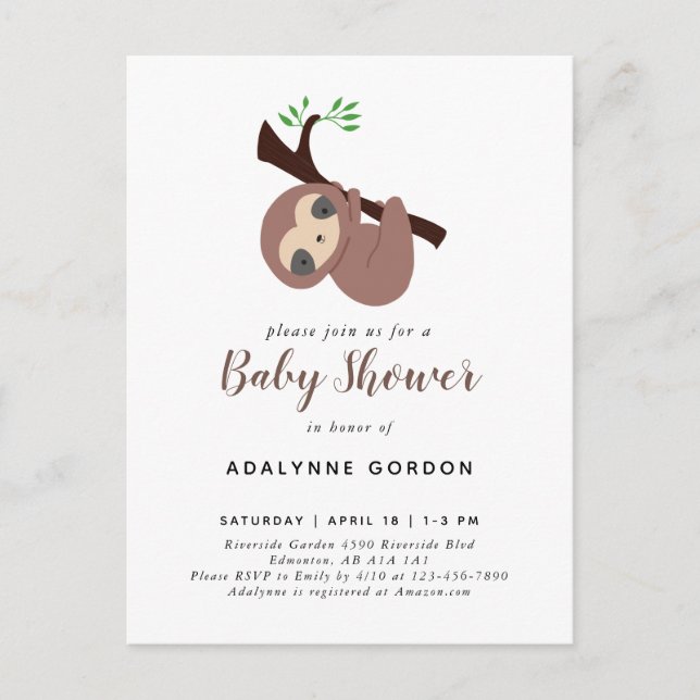 Postal De Invitación Curte Sloth Baby Shower Boy Adorable Animal Invita (Anverso)
