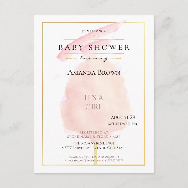 Postal De Invitación Cuta acuarela Algodón rosa Candy Baby Shower (Anverso)