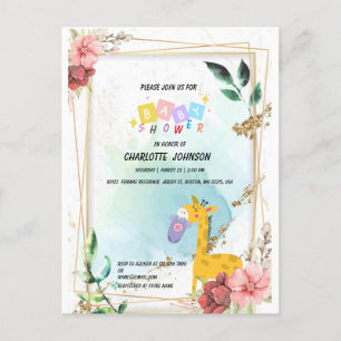 Postal De Invitación Cuta jirafa Ropa colgante Floral Bebé ducha