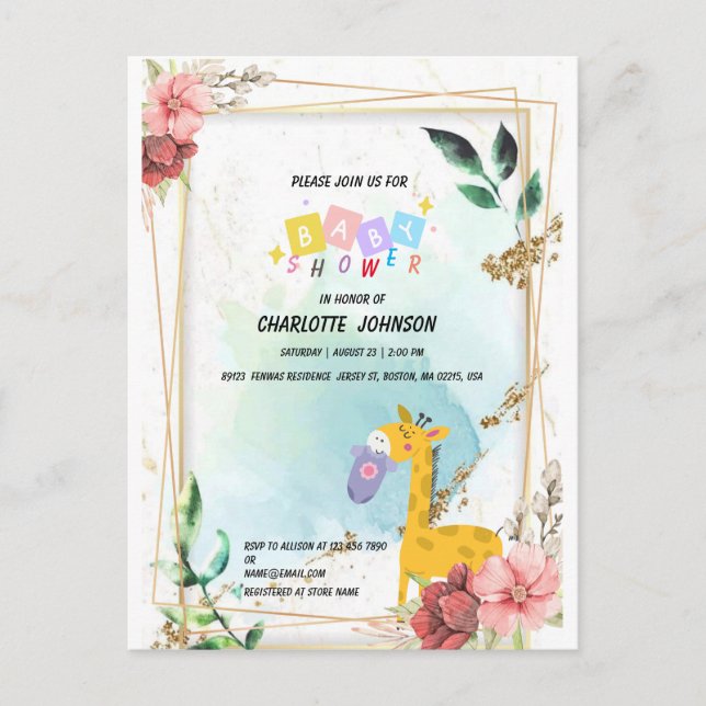 Postal De Invitación Cuta jirafa Ropa colgante Floral Bebé ducha (Anverso)