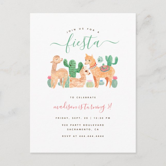 Postal De Invitación Cute acuarela Llama Fiesta Niños Cumpleaños (Anverso)