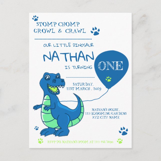 Postal De Invitación Cute azul verde dinosaurio temática cumpleaños (Anverso)