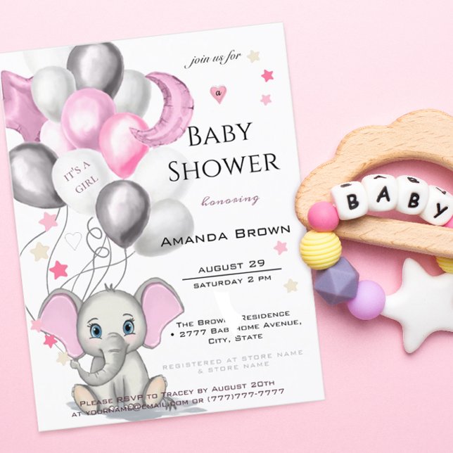 Postal De Invitación Cute Baby Elephant with Balloons Girl Baby Shower (Subido por el creador)