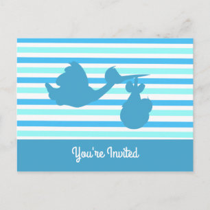 Postal De Invitación Cute Baby Shower Blue Striped Boy con cigüeña
