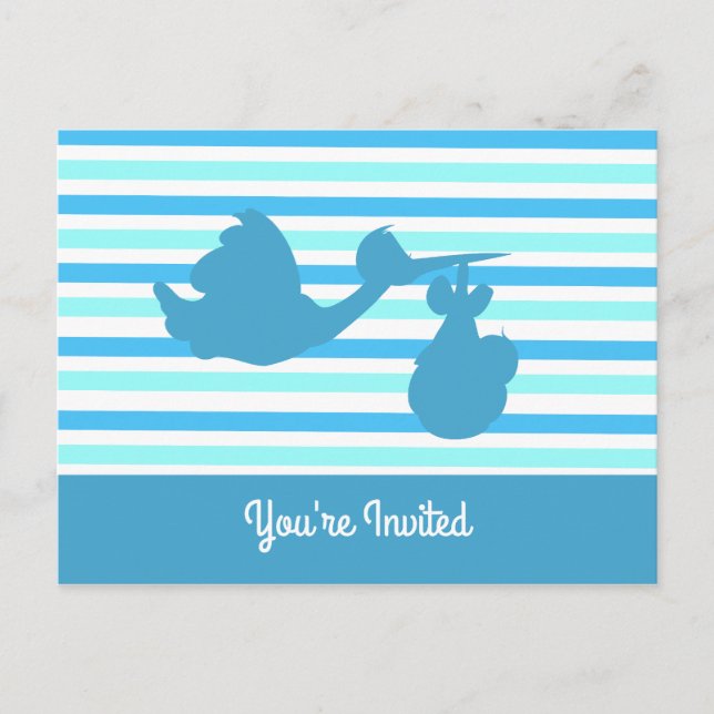 Postal De Invitación Cute Baby Shower Blue Striped Boy con cigüeña (Anverso)