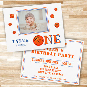 Postal De Invitación Cute Basketball Photo 1er cumpleaños