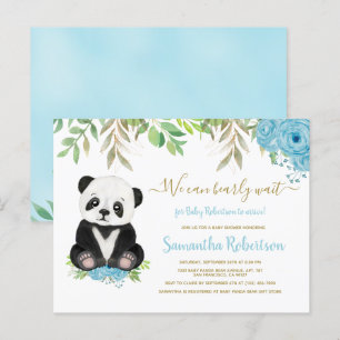 Postal De Invitación Cute Blue Greenery Gold Bear Boy Baby Shower