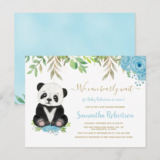 Postal De Invitación Cute Blue Greenery Gold Bear Boy Baby Shower (Anverso / Reverso)
