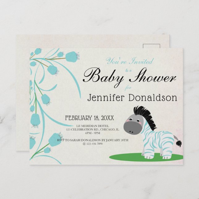 Postal De Invitación Cute Blue Zebra Blue Floral Baby Shower (Anverso / Reverso)