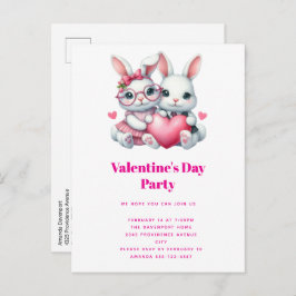 Postal De Invitación Cute Bunnies Sharing a Heart Valentine's Party
