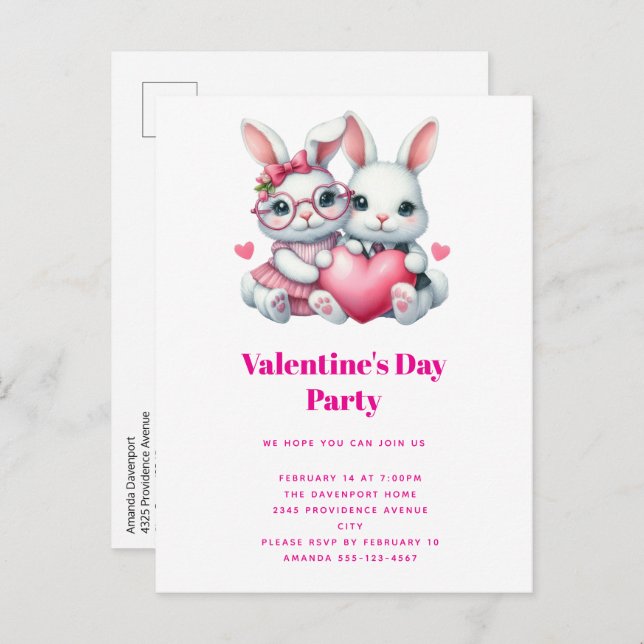 Postal De Invitación Cute Bunnies Sharing a Heart Valentine's Party (Anverso / Reverso)